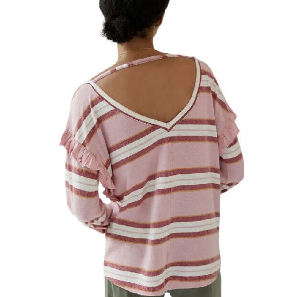 Anthropologie PILCRO RUFFLED OPEN-BACK PINK STRIPED TOP Long Sleeved